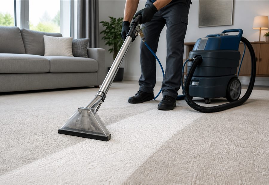 Professional carpet extractor cleaning a light carpet