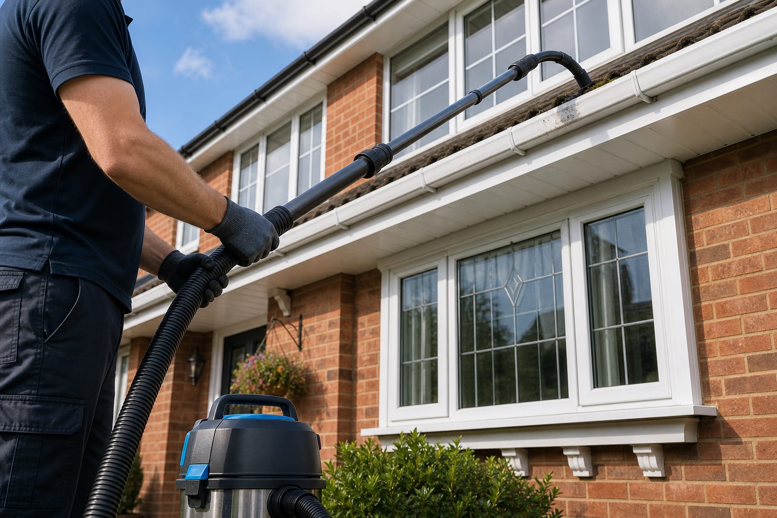 Professional gutter vacuum tool cleaning second-floor house gutters